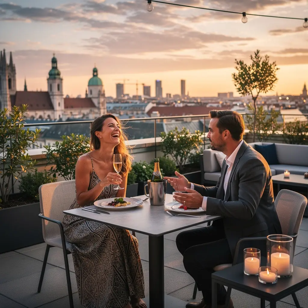 Elegantes Penthouse mit modernen Möbeln und Panoramablick auf die Stadt Wien.