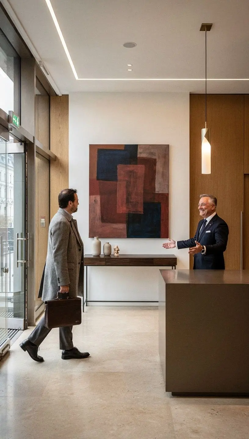 Gemütlicher Wohnbereich mit stilvollen Möbeln und großen Fenstern, die viel Tageslicht hereinlassen.