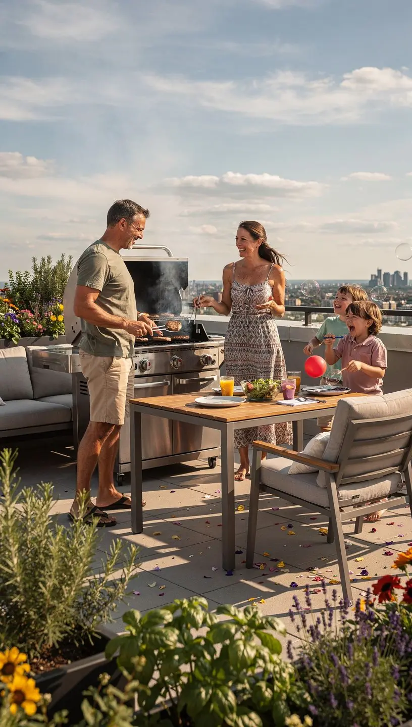 Terrasse mit luxuriГ¶sen Sitzgelegenheiten und Blick auf die Stadt, ideal fГјr entspannte Abende.