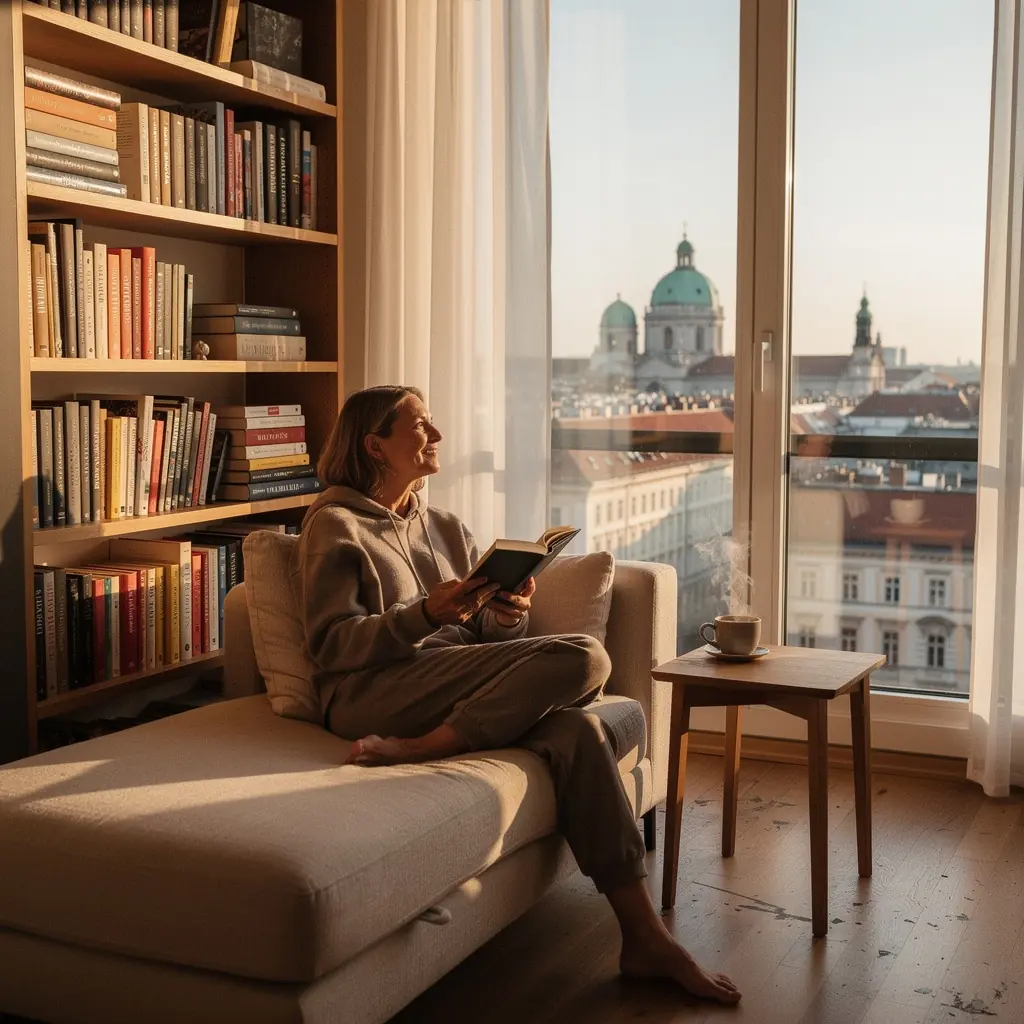 Schlafzimmer mit großen Fenstern, die viel Tageslicht und Stadtabblick bieten.